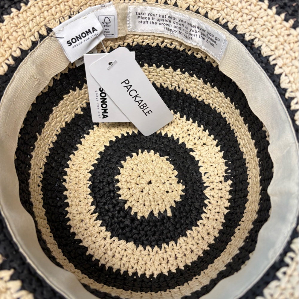Sonoma | NWT Pattern Cloche Hat Black Cream Packable Adjustable Straw Summer - Picture 3 of 6